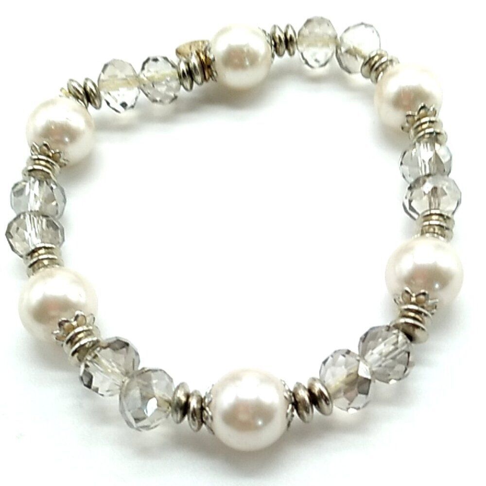 L&F Faux Pearl Crystal Beaded Stretch Bracelet with Silver-tone Spacers